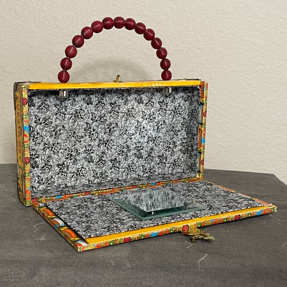 Yellow Cigar Box Purse with Red Bead Handle - Picture 5 of 6